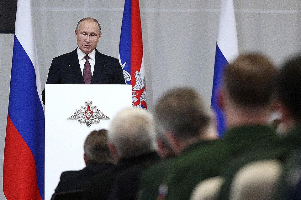 22 декабря 2017. Президент России Владимир Путин во время расширенного заседания коллегии Министерства обороны РФ в Военной академии Ракетных войск стратегического назначения имени Петра Великого. ФОТО Михаил Климентьев/пресс-служба президента РФ/ТАСС