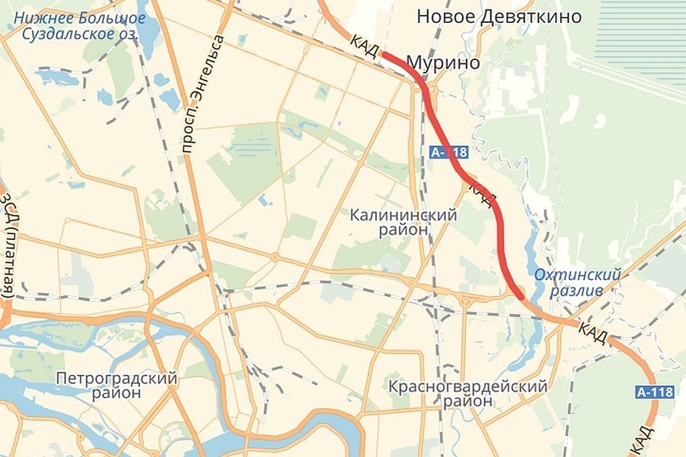 На КАД закроют две полосы от Рябовского шоссе до проспекта Культуры. Фото: Яндекс.Карты/УПРДОР "Северо-Запад".