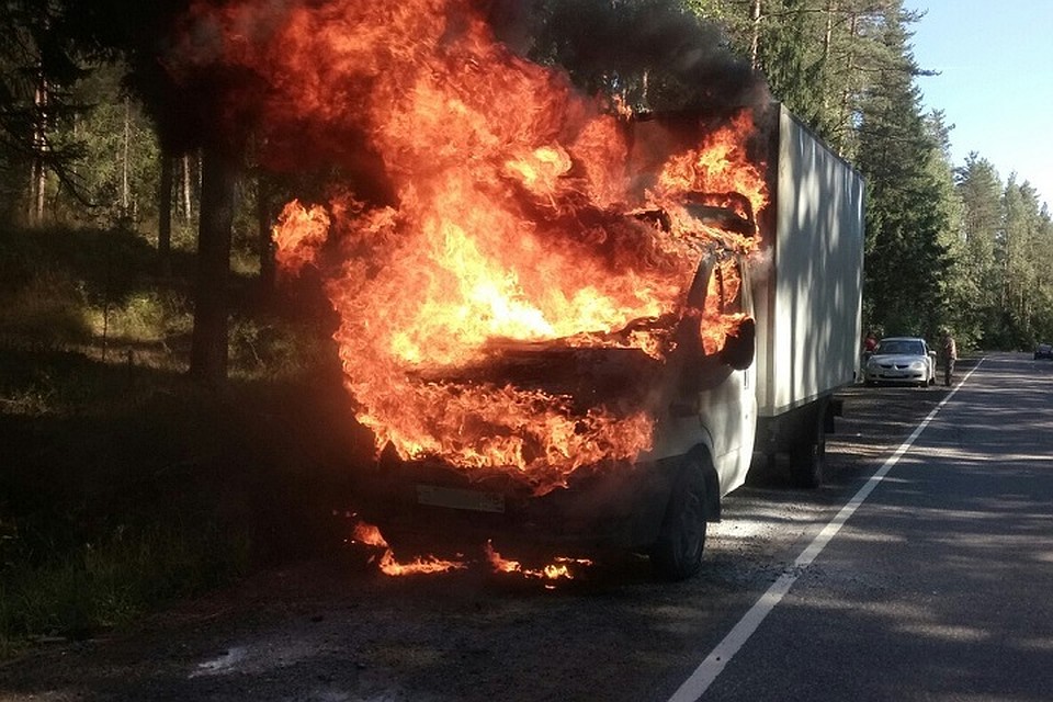 Под Петербургом на трассе сгорел грузовой фургон. Фото: vk.com/spb_today