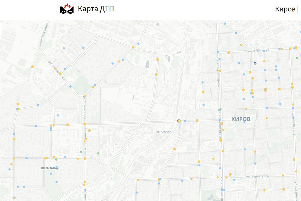 На карте можно найти все городские аварии с 2015 года. Фото: dtp-stat.ru/kirovskaia-oblast_kirov/