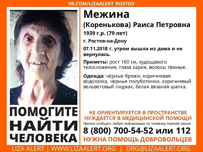 Пожилая женщина пропала 7 ноября. Фото: Лиза Алерт Юг.