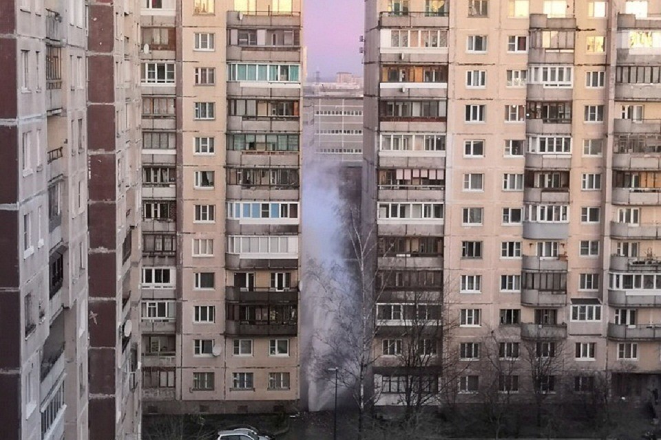 Фонтан вызвался из-под земли между домами в Купчино Фото: соцсети