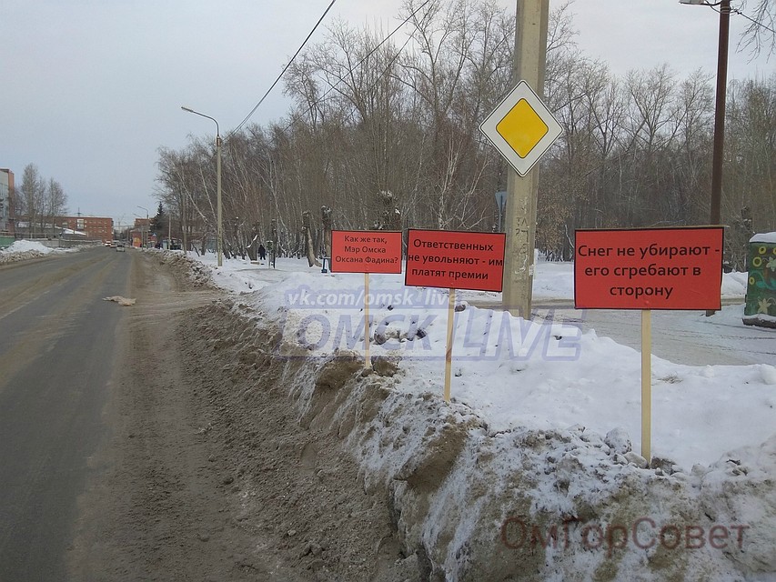 В Омске на сугробах появились таблички c критикой властей за плохую уборку снега