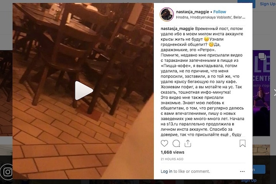 По полу гродненского кафе бегала крыса. Скриншот инстаграм-аккаунта instagram.com/nastasja_maggie