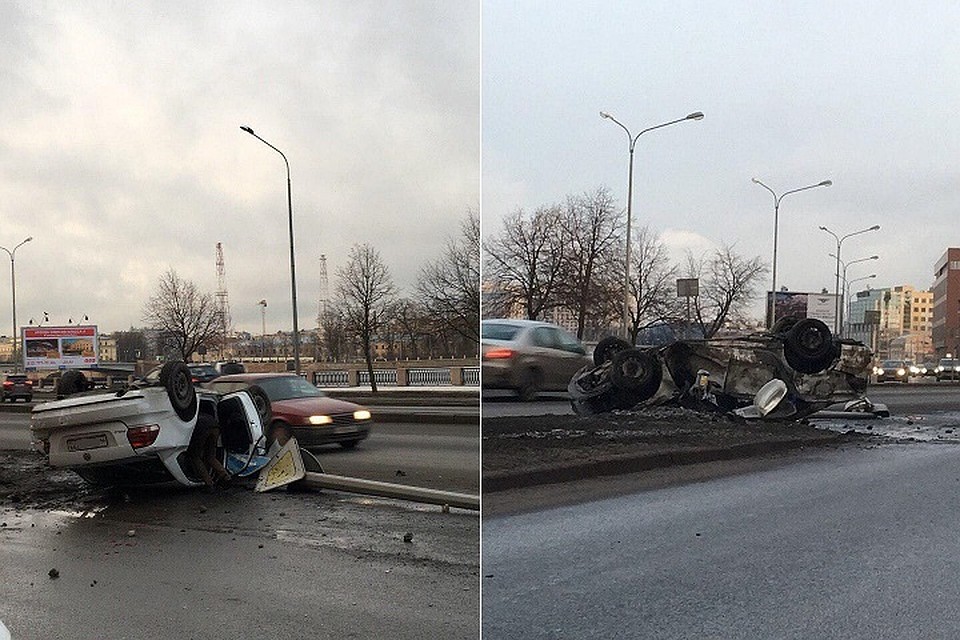 На Выборгской набережной каршеринг снес столб. Фото: vk.com/spb_today