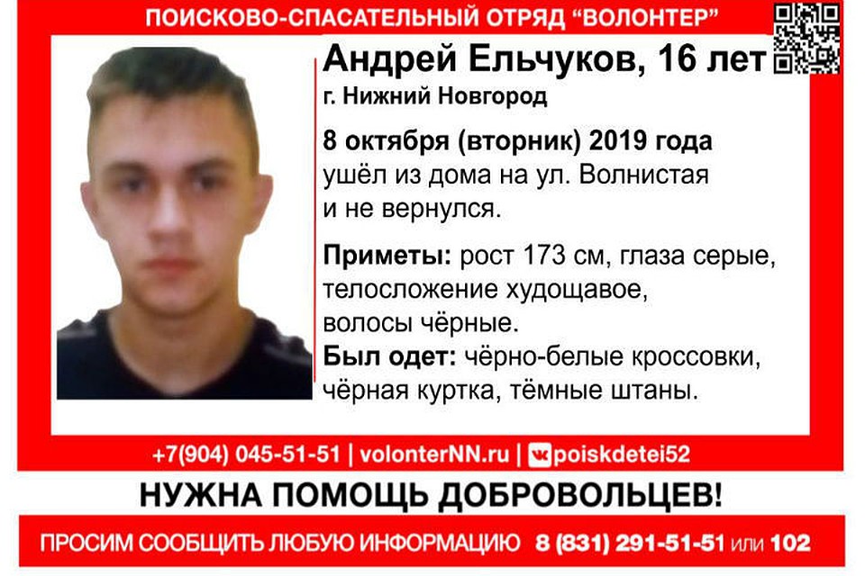 16-летний Андрей Ельчуков пропал в Нижнем Новгороде. ФОТО: Поисково-спасательный отряд "Волонтер-НН"