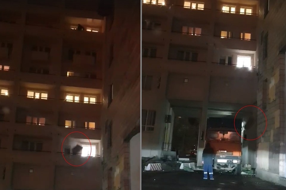 Мешки могли спокойно задеть человека, который вышел бы покурить на балкон. Фото: vk.com/spb_today