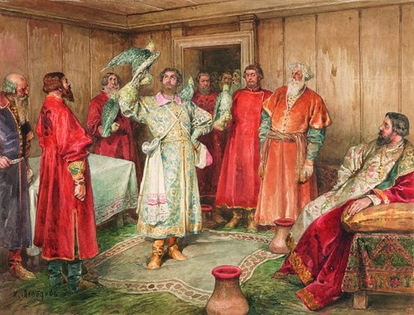 На фото: произведение Лебедева Клавдия Васильевича "Сокольничий" (бумага, наклеенная на картон, акварель) из собрания Тверской областной картинной галереи.