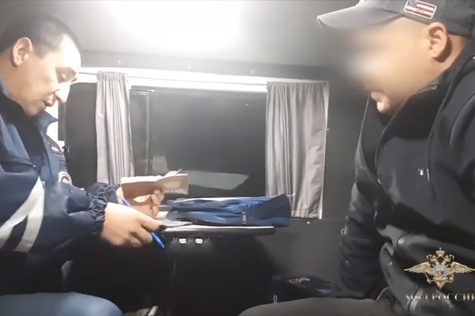 Сотрудники ДПС взяли показания у водителя. Фото: кадр видео МВД РФ