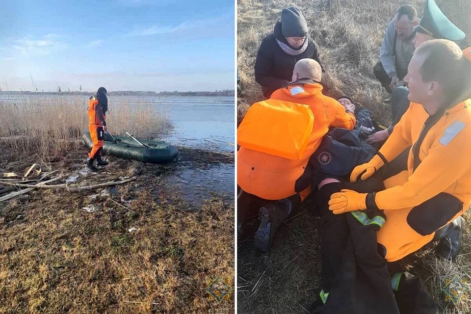 Мужчина провалился под лед, когда выбирался с лодкой на берег. Фото: МЧС.
