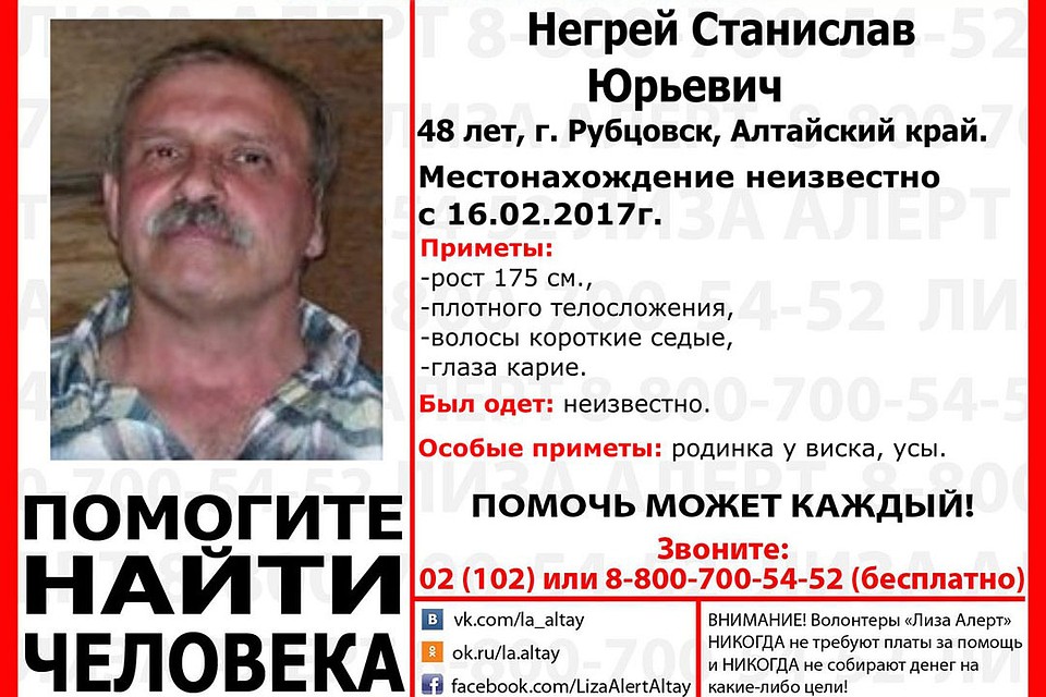 Ориентировка на Станислава Негрея