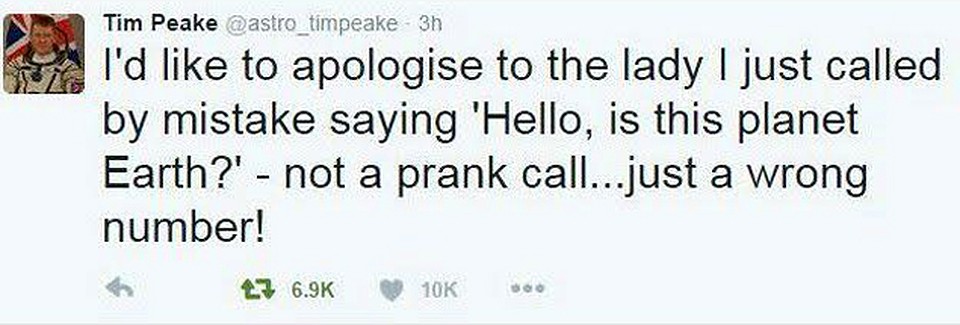 Астронавт через Twitter извинился за доставленное беспокойство.