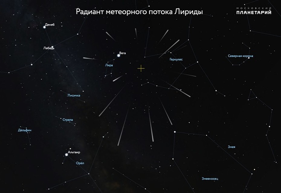Радиант Лирид - созвездие Лиры - к 4-5 утра поднимается высоко над горизонтом.