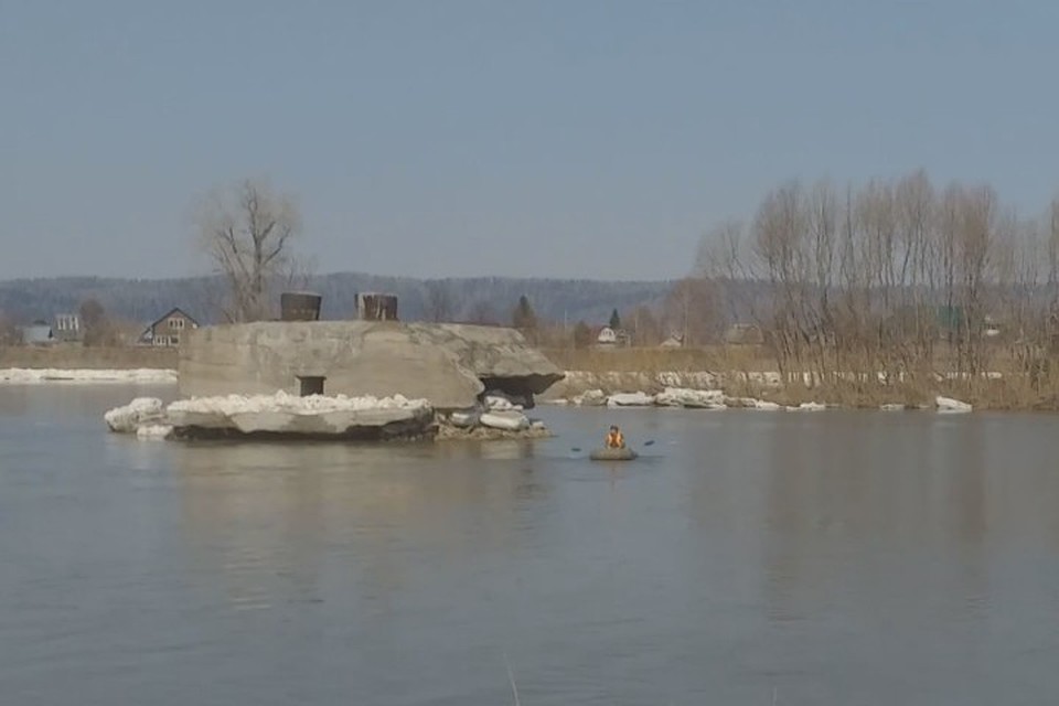 И вот уже лодка с казаком на борту рассекает воды Мрассу, подбираясь все ближе к щенкам. Фото: кадр видео телеканала РЕН ТВ Мыски.