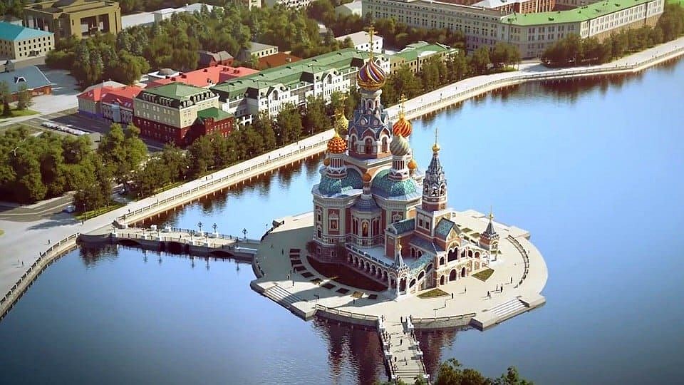 А вот так храм святой Екатерины мог выглядеть, если бы его решили построить в городском пруду. Фото: РМК