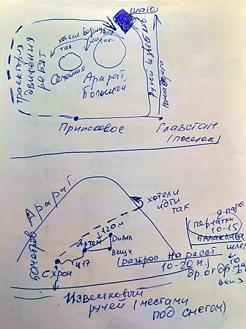 Сверху: схема движения ребят по Приисковому. Снизу: гора Арарат, где были найдены тела Фото: Ася ЖУКОВА