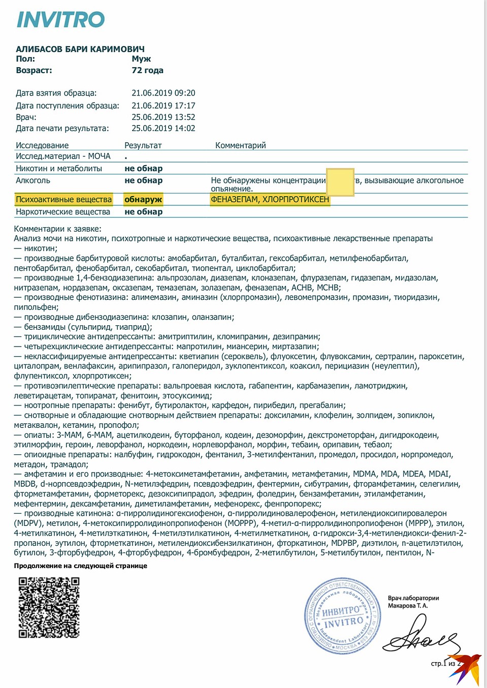 Результаты анализов Алибасова на психотропные вещества