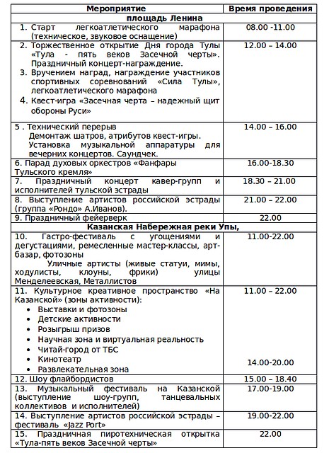 Предварительная программа празднования