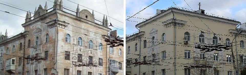 После ремонта фасада дом № 11 по улице Циолковского лишился башенок-украшений на крыше. Фото: Владимир ФРОЛОВ