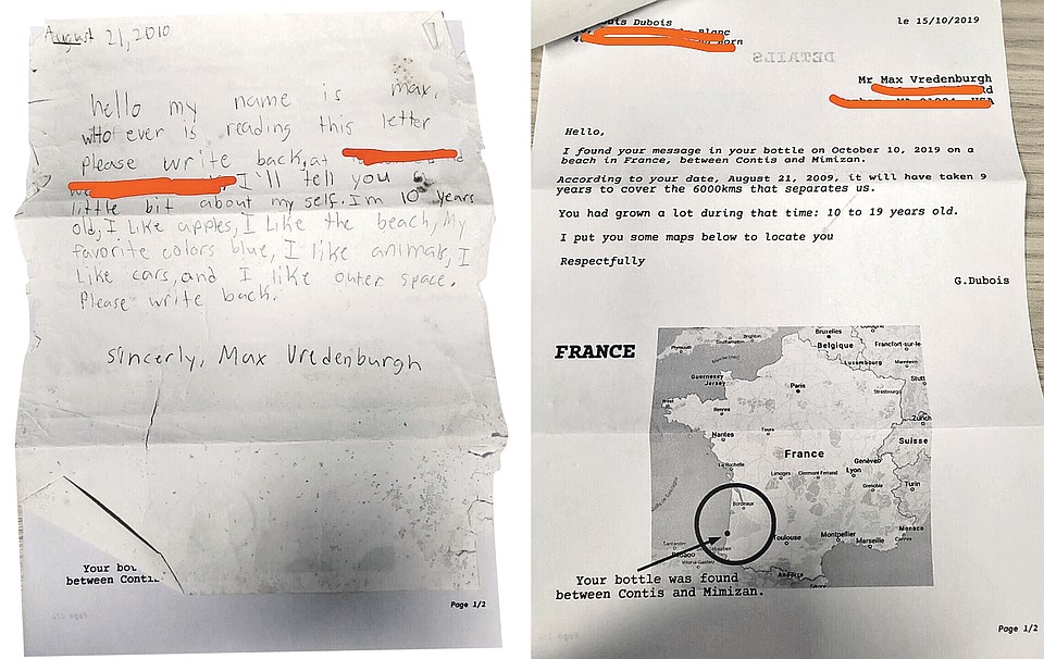 Француз нашел послание американского мальчика Макса (на фото слева). И ответил ему, указав место, где обнаружил бутылку с письмом (фото справа).