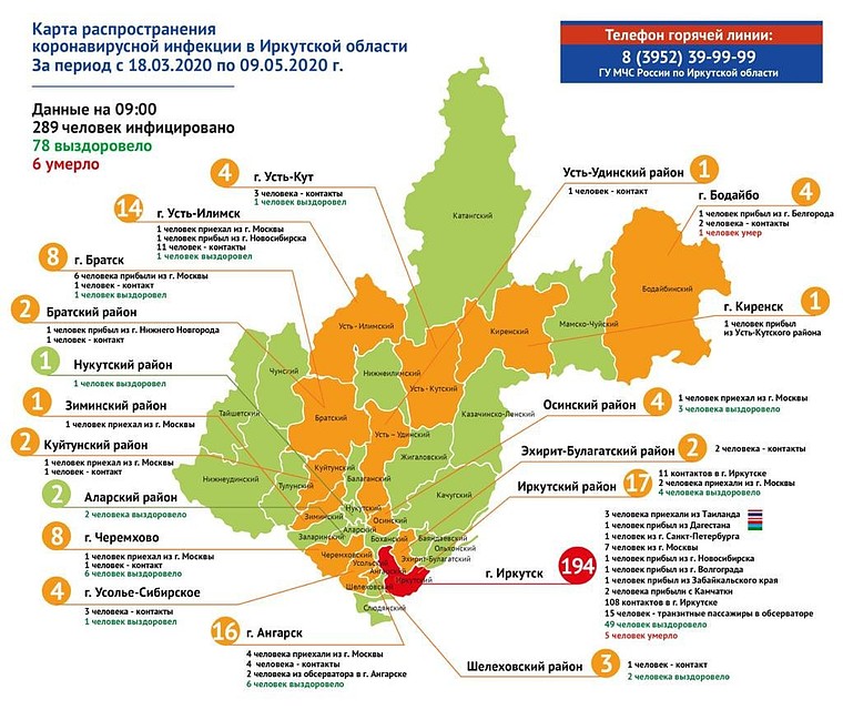 Карта распространения коронавируса в Иркутской области на 9 мая: добавился Киренск. Фото: оперативный штаб по коронавирусу в Иркутской области