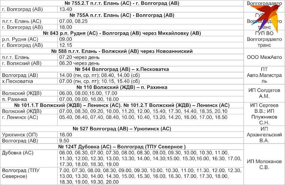 Расписание автобусов и маршруток Волгоградской области на май 2020