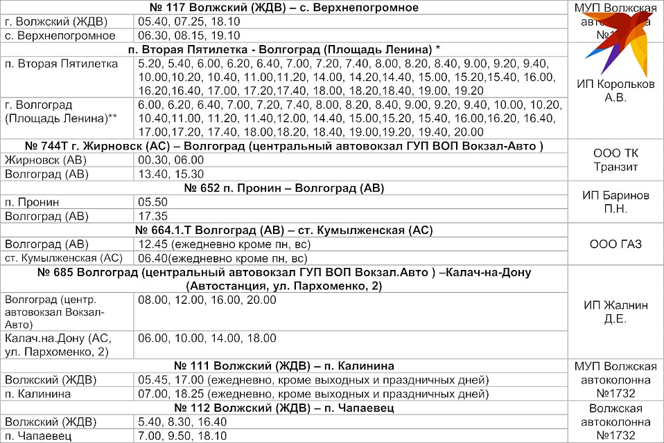 Расписание автобусов и маршруток Волгоградской области на май 2020