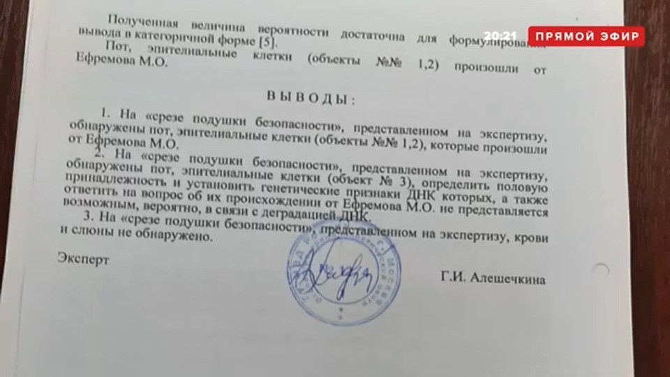 На водительской подушке безопасности автомобиля Михаила Ефремова найдены следы ДНК актера Фото: скриншот с видео