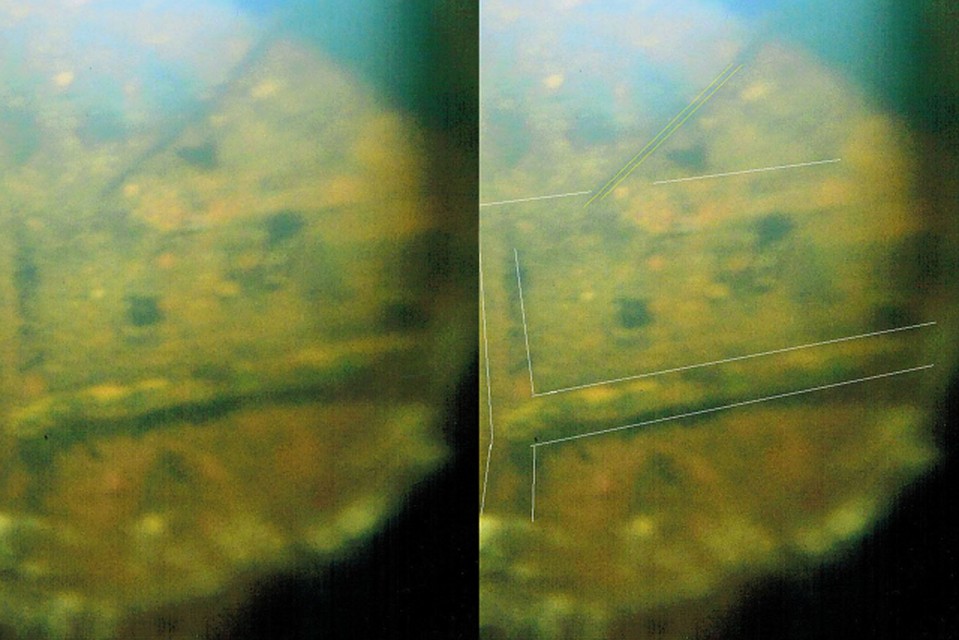 На снимке зонда просматриваются затопленные в воде ящики (на изображении справа мы специально выделили контур)