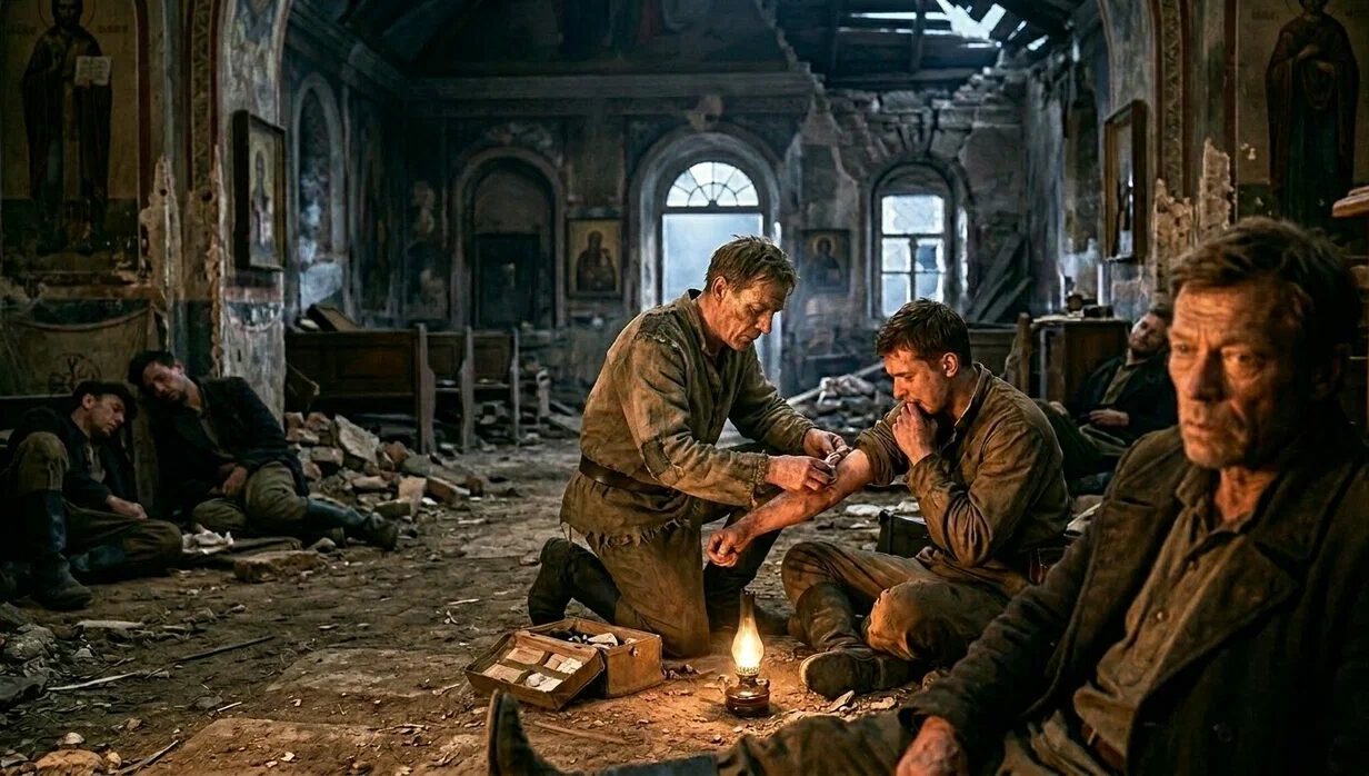 Первую ночь пленные провели в полуразрушенной церкви. Там Андрей столкнулся с разными проявлениями человеческой натуры. Один военврач, рискуя собой, в темноте вправлял вывихи и лечил раненых.