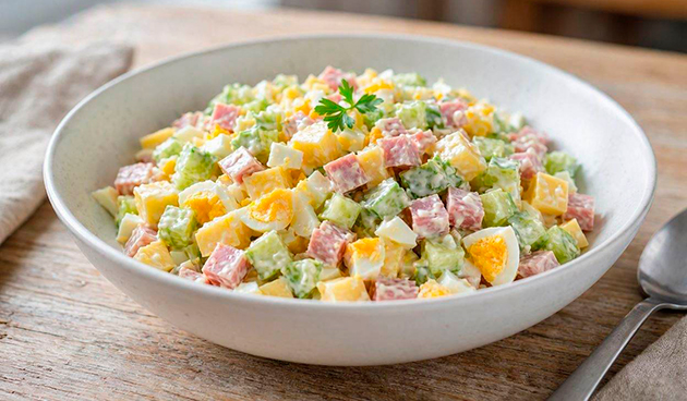 Салат с ветчиной, сыром и огурцом